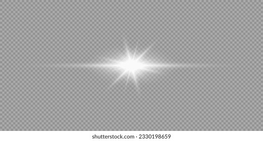 Efecto luminoso de las bengalas de la lente. Efecto de arranque de luz blanca horizontal brillante con destellos sobre un fondo transparente gris. Ilustración del vector