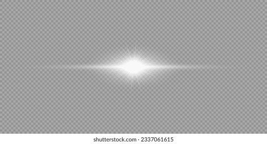 Light effect of lens flares. White horizontal glowing light starburst effect with sparkles on a grey transparent background. Vector illustration