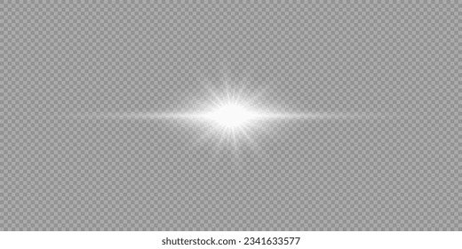 Light effect of lens flares. White horizontal glowing light starburst effect with sparkles on a grey transparent background. Vector illustration