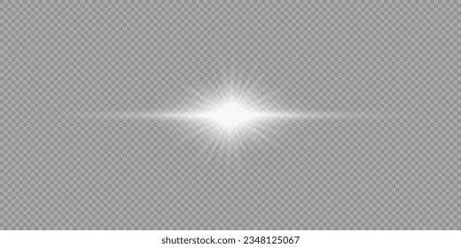 Light effect of lens flares. White horizontal glowing light starburst effect with sparkles on a grey transparent background. Vector illustration