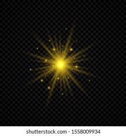 Light effect of lens flares. Yellow glowing lights starburst effects with sparkles on a transparent background. Vector illustration