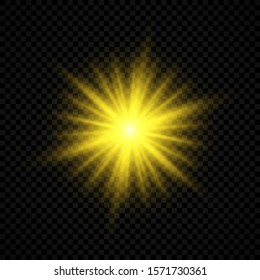 Light effect of lens flares. Yellow glowing lights starburst effects with sparkles on a transparent background. Vector illustration