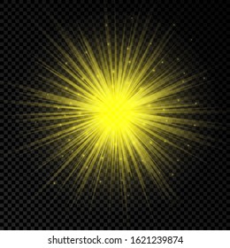 Light effect of lens flares. Yellow glowing lights starburst effects with sparkles on a transparent background. Vector illustration
