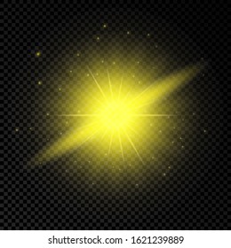 Light effect of lens flares. Yellow glowing lights starburst effects with sparkles on a transparent background. Vector illustration