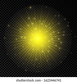 Light effect of lens flares. Yellow glowing lights starburst effects with sparkles on a transparent background. Vector illustration