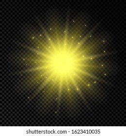Light effect of lens flares. Yellow glowing lights starburst effects with sparkles on a transparent background. Vector illustration