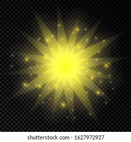 Light effect of lens flares. Yellow glowing lights starburst effects with sparkles on a transparent background. Vector illustration