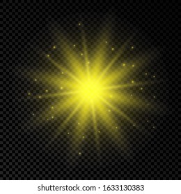 Light effect of lens flares. Yellow glowing lights starburst effects with sparkles on a transparent background. Vector illustration