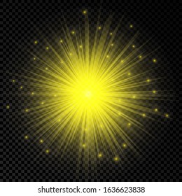 Light effect of lens flares. Yellow glowing lights starburst effects with sparkles on a transparent background. Vector illustration