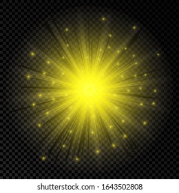 Light effect of lens flares. Yellow glowing lights starburst effects with sparkles on a transparent background. Vector illustration