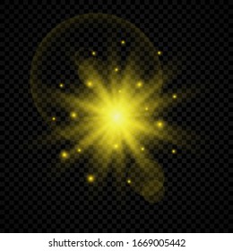 Lichteffekt der Linsenfackel. Gelbe leuchtende Lichter starben Effekte mit Funkeln auf transparentem Hintergrund. Vektorillustration