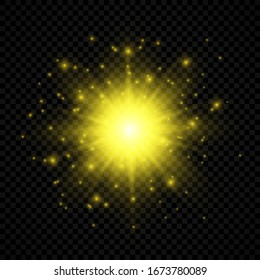 Efecto luminoso de las bengalas del objetivo. Las luces amarillas brillan estrellado efectos con chispas en un fondo transparente. Ilustración del vector