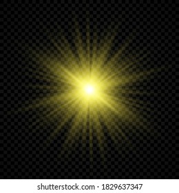 Efecto luminoso de las bengalas de la lente. Las luces amarillas brillantes empiezan a estallar efectos con destellos en un fondo transparente. Ilustración del vector