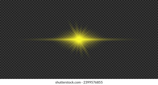 Light effect of lens flares. Yellow horizontal glowing light starburst effect with sparkles on a grey transparent background. Vector illustration