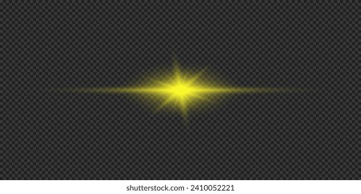 Efecto luminoso de las bengalas de la lente. Efecto estrella de luz amarilla horizontal brillante con destellos sobre un fondo transparente gris. Ilustración del vector