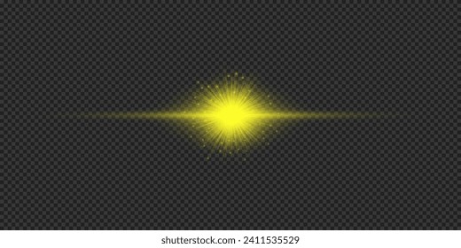 Light effect of lens flares. Yellow horizontal glowing light starburst effect with sparkles on a grey transparent background. Vector illustration