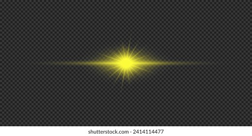 Light effect of lens flares. Yellow horizontal glowing light starburst effect with sparkles on a grey transparent background. Vector illustration