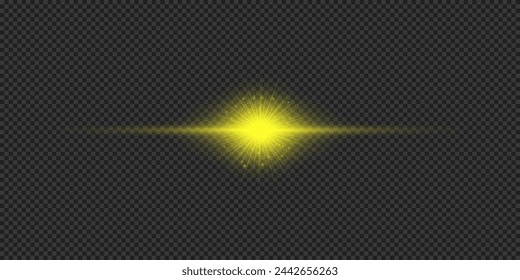 Light effect of lens flares. Yellow horizontal glowing light starburst effect with sparkles on a grey transparent background. Vector illustration