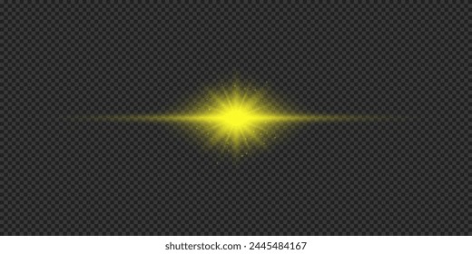 Efecto lumínico de los destellos de lente. Efecto Starburst de luz brillante Horizontal amarilla con destellos sobre un fondo transparente gris. Ilustración vectorial
