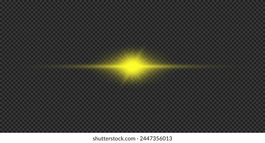 Efecto lumínico de los destellos de lente. Efecto Starburst de luz brillante Horizontal amarilla con destellos sobre un fondo transparente gris. Ilustración vectorial