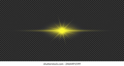 Light effect of lens flares. Yellow horizontal glowing light starburst effect with sparkles on a grey transparent background. Vector illustration
