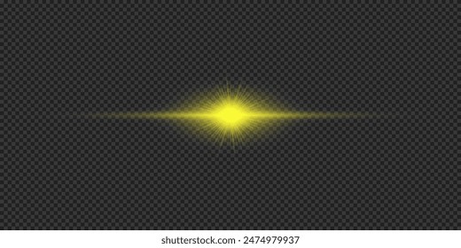 Lichteffekt von Linsenblendeffekten Gelb Horizontal leuchtender Lichtstarburst-Effekt mit Funkeln auf grauem durchsichtigem Hintergrund. Vektorillustration