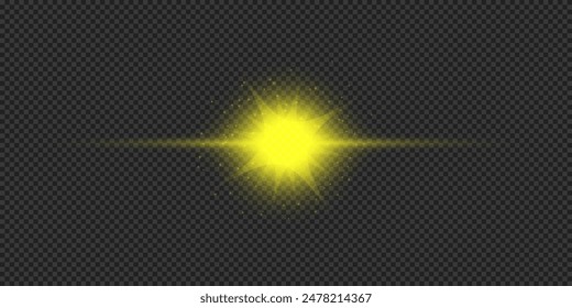 Lichteffekt von Linsenblendeffekten Gelb Horizontal leuchtender Lichtstarburst-Effekt mit Funkeln auf grauem durchsichtigem Hintergrund. Vektorillustration