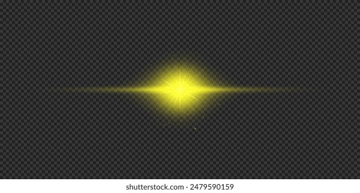 Efecto lumínico de los destellos de lente. Efecto Starburst de luz brillante Horizontal amarilla con destellos sobre un fondo transparente gris. Ilustración vectorial