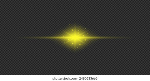 Light effect of lens flares. Yellow horizontal glowing light starburst effect with sparkles on a grey transparent background. Vector illustration