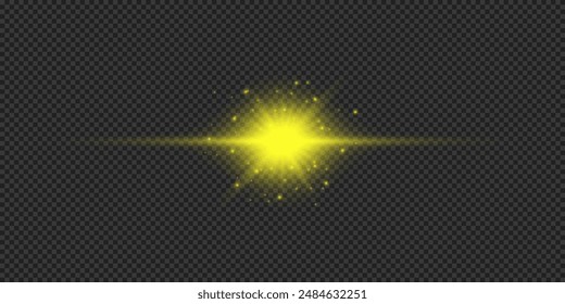 Lichteffekt von Linsenblendeffekten Gelb Horizontal leuchtender Lichtstarburst-Effekt mit Funkeln auf grauem durchsichtigem Hintergrund. Vektorillustration