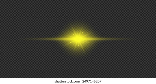 Efecto de luz de los destellos de la lente. Amarillo Horizontal brillante efecto de luz estelar con destellos sobre un fondo transparente gris. Ilustración vectorial