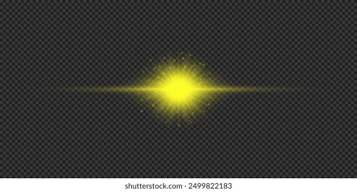 Light effect of lens flares. Yellow horizontal glowing light starburst effect with sparkles on a grey transparent background. Vector illustration