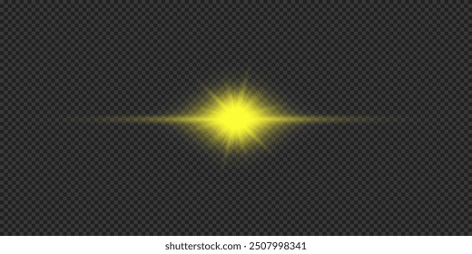 Light effect of lens flares. Yellow horizontal glowing light starburst effect with sparkles on a grey transparent background. Vector illustration