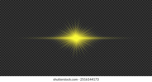 Lichteffekt von Linsenfackeln. Gelber, horizontaler glühender Stern-Effekt mit funkelndem Licht auf grauem, transparentem Hintergrund. Vektorgrafik