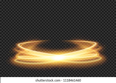 Light effect line gold vector circle. Glowing light fire ring trace. Glitter magic sparkle swirl trail effect on transparent background. Bokeh light glitter round wave line with sparkling flash light