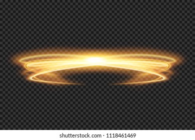 Light effect line gold vector circle. Glowing light fire ring trace. Glitter magic sparkle swirl trail effect on transparent background. Bokeh light glitter round wave line with sparkling flash light