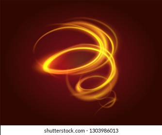 Light effect line gold vector circle. Glowing light fire ring trace. Glitter magic sparkle swirl trail effect on dark background. 