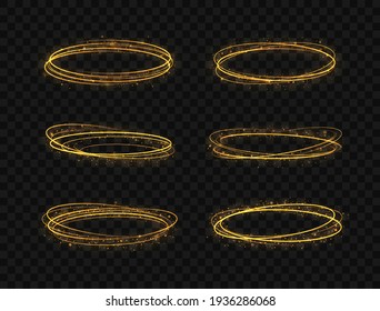 Light effect line gold vector circle. Glowing light fire ring trace. Abstract fire circles, sparkling magic swirls.