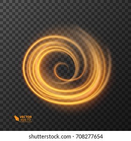 Light effect line gold vector circle. Glowing light fire ring trace. Glitter magic sparkle swirl trail effect on transparent background.