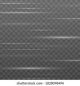 Leichte Effektlinie streak. Glühende Streifen auf transparentem Hintergrund.  Weißes Paket mit horizontalen Linsenfackeln. Schöner Lichtfleck und Funken. Vektorgrafik, eps10.