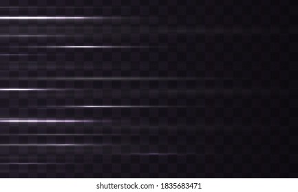 Light effect line streak. Glowing streaks on transparent background.  White horizontal lens flares pack. Beautiful glow light flare and spark. Vector illustration, eps 10.