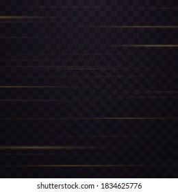 Light effect line streak. Yellow horizontal lens flares pack. Glowing streaks on transparent background. Beautiful glow light flare and spark. Vector illustration, eps 10.