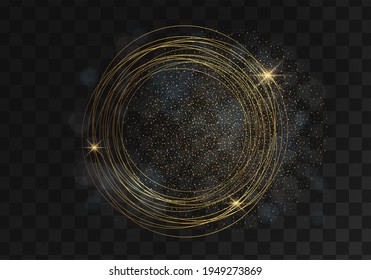 Light effect lines golden vector circle. Magic sparkling glitter, swirl trail effect on transparent background. Vector illustration