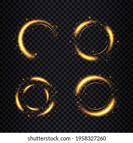 Líneas de efecto claro de círculos vectores dorados. Rayo del anillo de fuego de la luz brillante. Resumen de los círculos de bomberos, giros mágicos brillantes.
