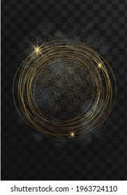 Light effect lines golden vector circle. Magic sparkling glitter, swirl trail effect on transparent background. Vector illustration