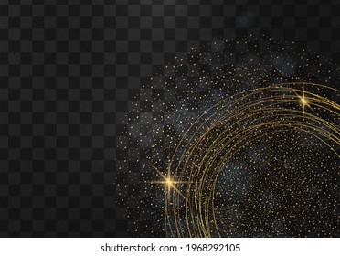 Light effect lines golden vector circle. Magic sparkling glitter, swirl trail effect on transparent background. Vector illustration