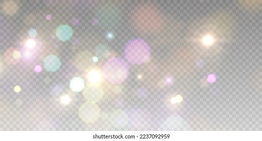 Light effect with many shimmering multi-colored highlights on a transparent background. Abstract bokeh lights.