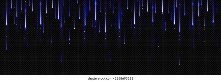 Light effect of meteor rain. Falling stars and comets with blue glow in dark sky. Abstract background with vertical neon lines and sparkles, vector realistic illustration