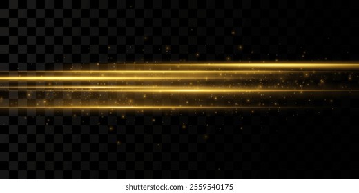 
Light effect of movement of golden neon lines. Horizontal lines. Speed ​​effect on a transparent background. Lines of light, speed and movement.