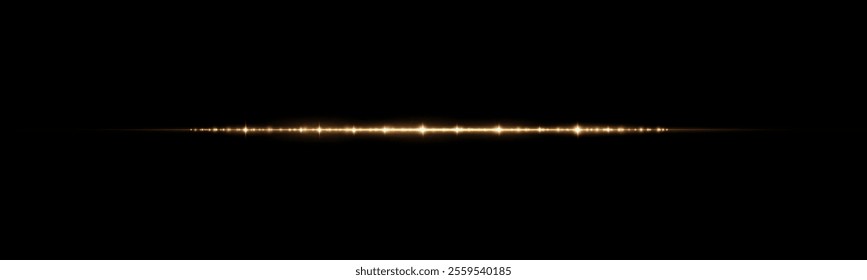 
Light effect of movement of golden neon lines. Horizontal lines. Speed ​​effect on a transparent background. Lines of light, speed and movement.